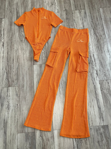 Orange Ribbed Bodysuit & Flare Pants