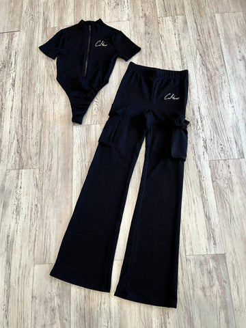 Black Ribbed Bodysuit & Flare Pants