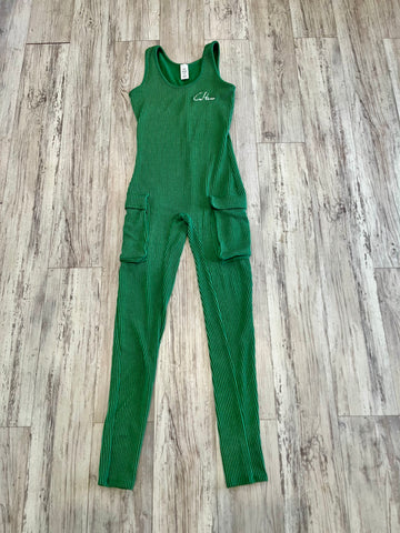 Kelly Green Ribbed Cargo Jumpsuit