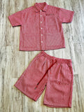 Red Striped Jacquard Short Sleeve Shacket & Shorts