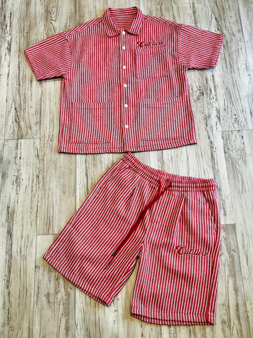 Red Striped Jacquard Short Sleeve Shacket & Shorts
