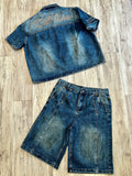 Denim “Dirty Wash” Pleated Short Sleeve Shacket & Shorts
