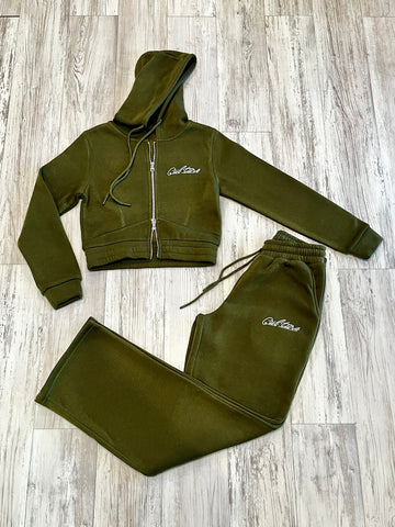 Olive Dual Zipped Hoodie Sweatsuit(W)