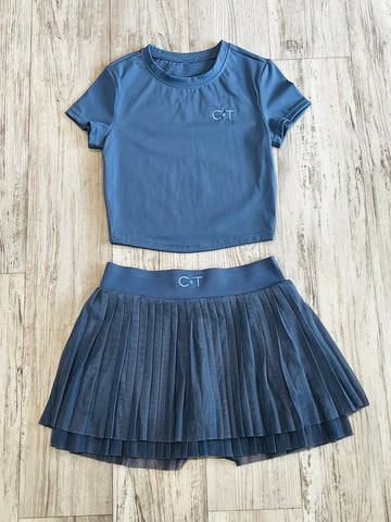 Baby Blue Premium Athleisure Shirt & Pleated Mesh Tennis Skirt