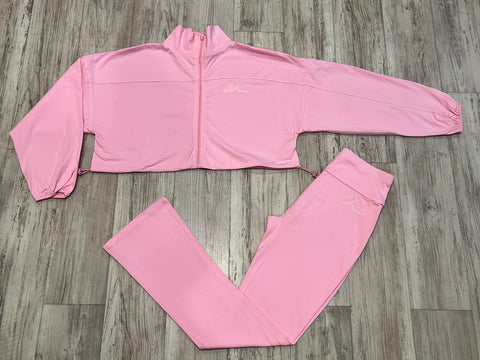 Soft Pink Bungee Jacket & Highwaist Flare Tracksuit