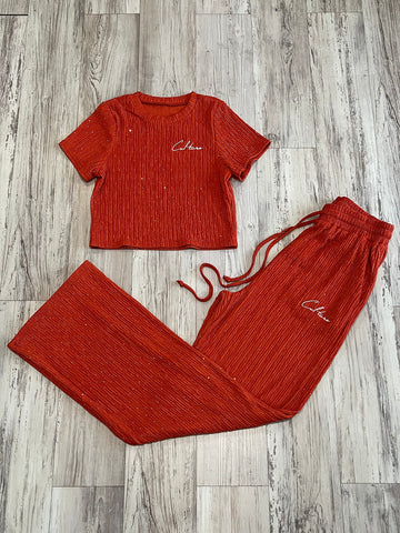 Burnt Orange Rhinestone Wide Leg Set