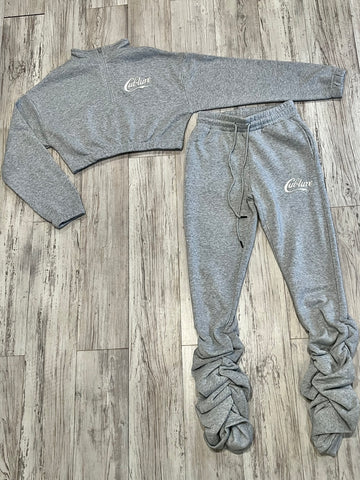 Heather Grey Half Zipped Stacked Sweatsuit