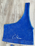 Royal Blue Acid Wash Ribbed One Shoulder Short Set