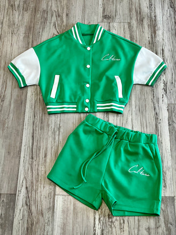 Kelly Green Varsity Jacket & Shorts