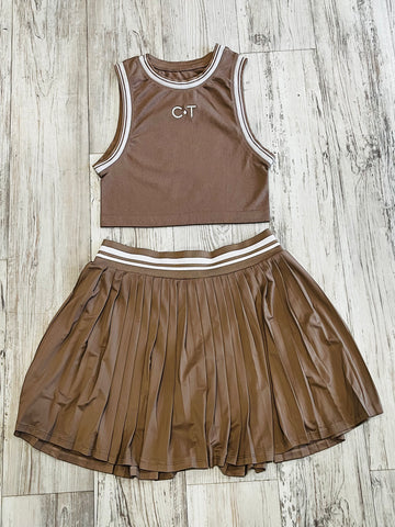 Taupe/Natural Premium Athleisure Tank Top & Pleated Tennis Skirt