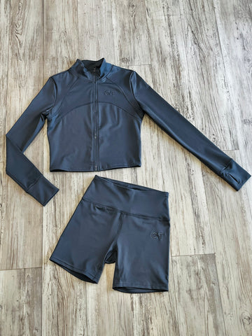 Slate Grey Premium Athleisure Jacket & High Waist Shorts