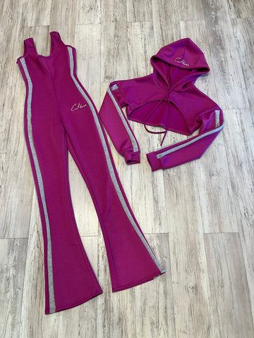 Fuchsia/Heather Grey Flare Jumpsuit & Half Hoodie