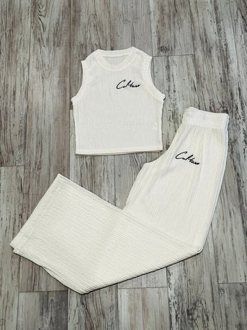Cream Wide Leg Crinkle Set