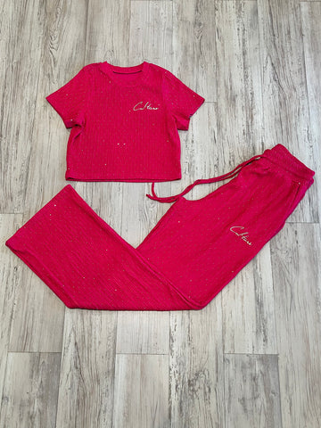 Hot Pink Rhinestone Wide Leg Set