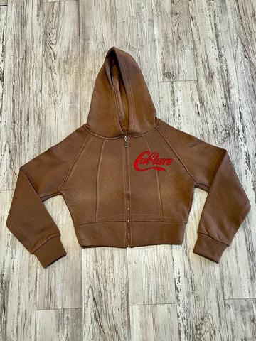 Mocha/Red Paneled Crop Hoodie