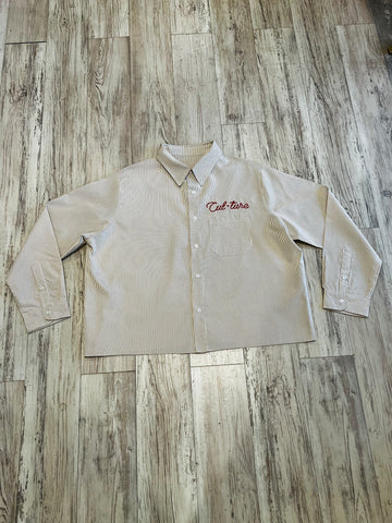 Sand Pinstripe Raw Edge Crop Button Down