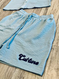 Baby Blue Pinstriped Knit Polo & Shorts