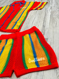 Women’s Red Multicolor Knit Button Down & Shorts
