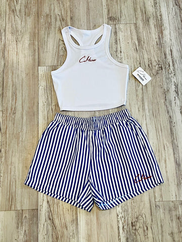 Blue Striped Shorts & Ribbed Razorback Tank