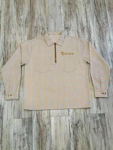 Sand Pinstripe Quarter Zip Denim Work Shirt