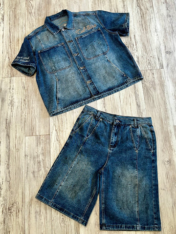 Denim “Dirty Wash” Pleated Short Sleeve Shacket & Shorts