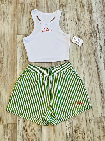 Green Striped Shorts & Ribbed Razorback Tank