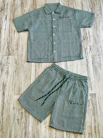 Hunter Green Striped Jacquard Short Sleeve Shacket & Shorts