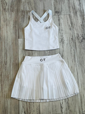 White Premium Athleisure Strap Back Tank & Pleated Tennis Skirt