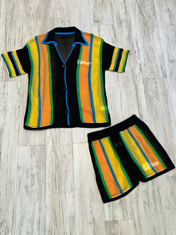 Women’s Black Multicolor Knit Button Down & Shorts