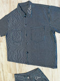 Navy Blue Pinstripe Denim Carpenter Short Sleeve Shacket & Shorts