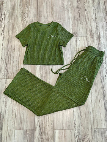 Olive Rhinestone Wide Leg Set