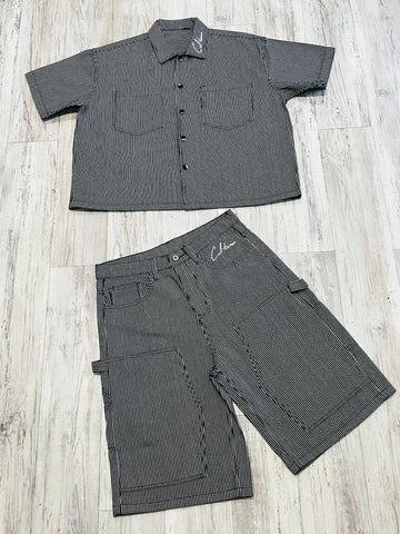 Black Pinstripe Denim Carpenter Short Sleeve Shacket & Shorts