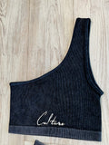 Black Acid Wash Ribbed One Shoulder Short Set