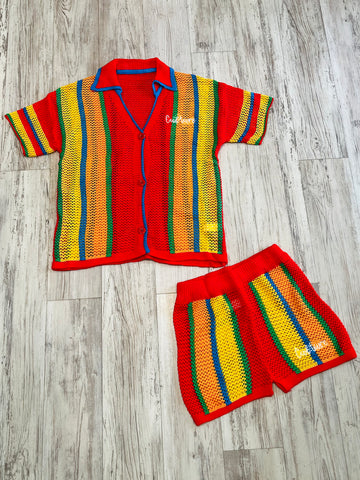 Women’s Red Multicolor Knit Button Down & Shorts