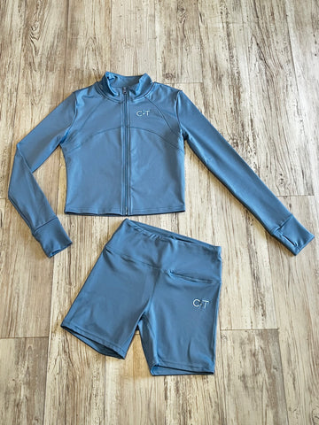 Baby Blue Premium Athleisure Jacket & High Waist Shorts