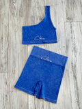Royal Blue Acid Wash Ribbed One Shoulder Short Set