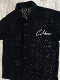 Black Lace Knit Cuban Button Down