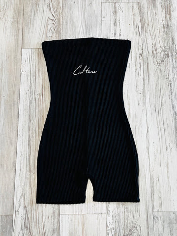 Black Ruffle Ribbed Romper