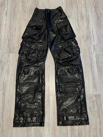 Black Wax Leather Cargo Pants(W)