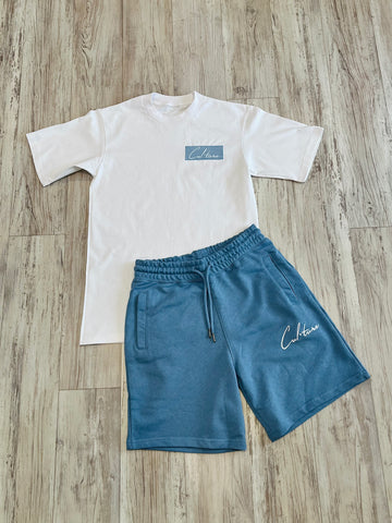 Sky Blue Essential “Box Logo” Premium Shirt & Shorts