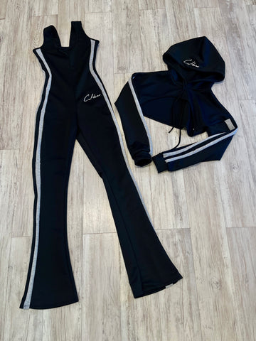 Black/Heather Grey Flare Jumpsuit & Half Hoodie