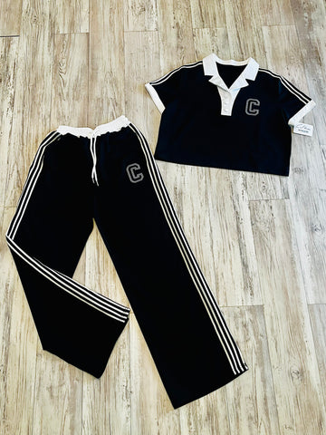 Black Varsity Snap Polo & Track Pants