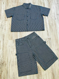 Navy Blue Pinstripe Denim Carpenter Short Sleeve Shacket & Shorts
