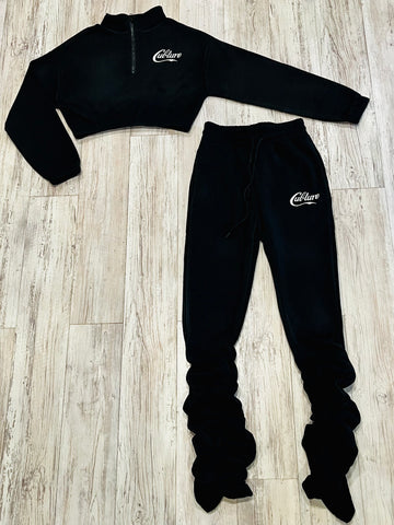 Black Half Zipped Stacked Sweatsuit
