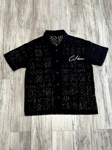 Black Lace Knit Cuban Button Down