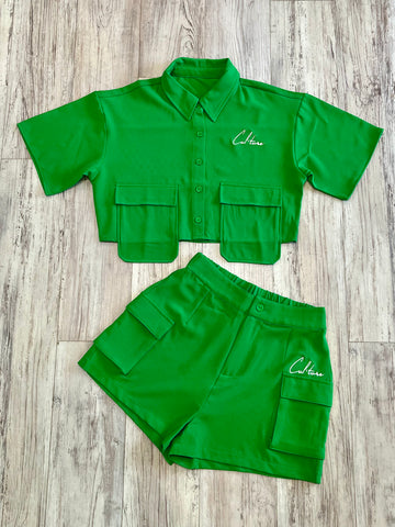 Kelly Green Cargo Button Down & Shorts