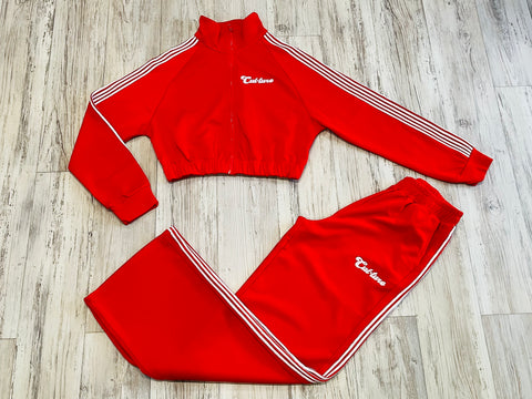 Red Cropped/Wide Leg Striped Tracksuit(W)