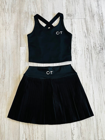 Black Premium Athleisure Strap Back Tank & Pleated Tennis Skirt