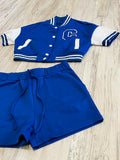 Royal Blue Cropped Varsity & Short Set