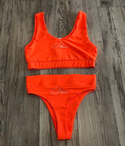 Neon Orange High Waist Bikini Bathing Suit